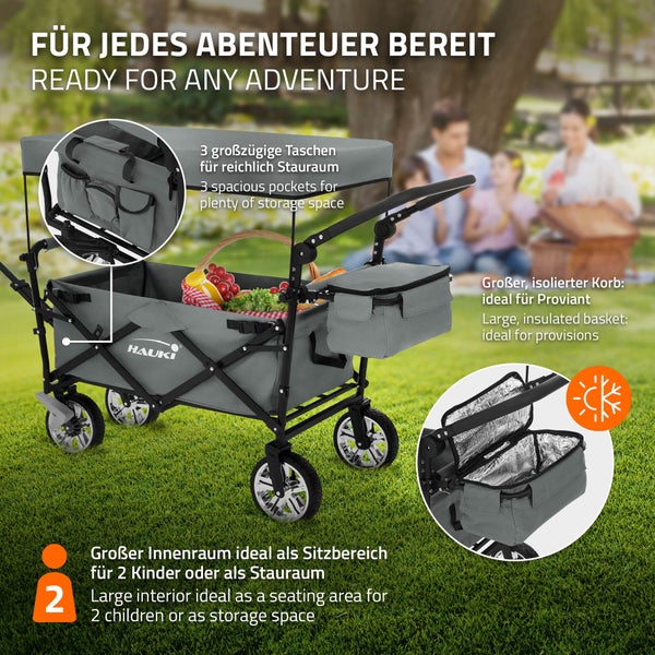 Hauki Bollerwagen XXL faltbar mit Dach & Tasche, Grau, Handwagen klappbar zum Schieben/Ziehen, Kinder Transportwagen Kinderwagen, 360° drehbare Vorderräder, PU Räder mit Bremsen, Transportkarre 120 kg