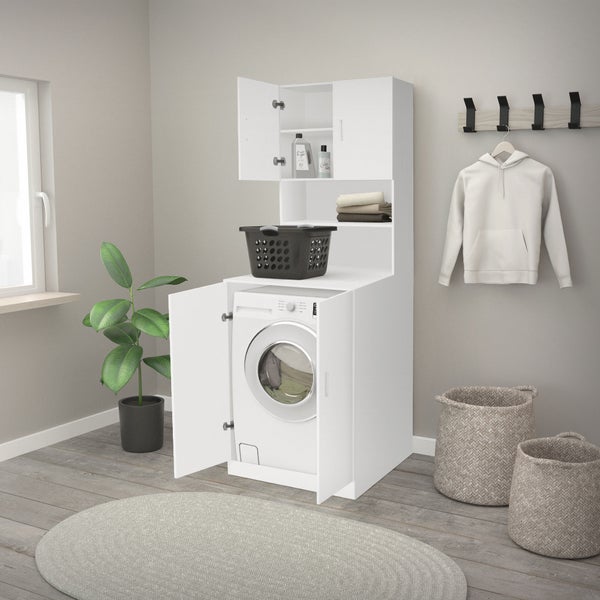 ECD Germany Waschmaschinenschrank 190x70 cm mit 4 Türen, Weiß, Badezimmerschrank für Waschmaschine/Trockner, Hochschrank Badmöbel Badregal Badschrank Umbauschrank Überbau Waschmaschinenüberbau