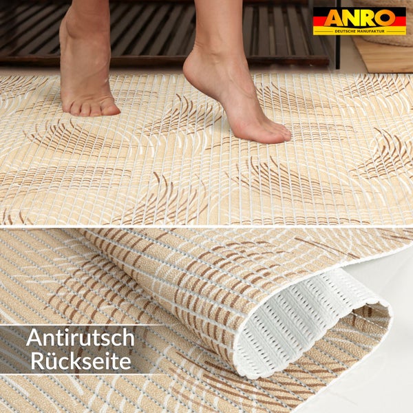 Rutschfeste Bodenmatte mit Blattmuster, strukturierte Oberfläche und weiße Antirutsch-Rückseite, ANRO Logo.