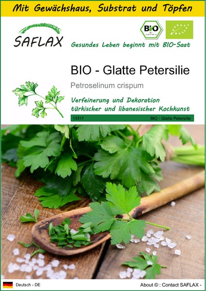 SAFLAX Anzucht Set - BIO - Glatte Petersilie - Petroselinum crispum - 600 Samen - Mit Mini-Gewächshaus, Anzuchtsubstrat und 2 Töpfen