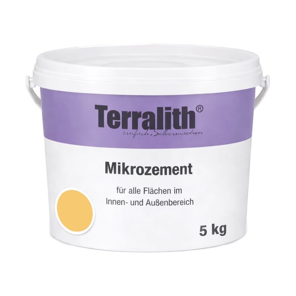 Terralith Mikrozement im 5 Kilogramm Eimer für alle Flächen im Innen- und Außenbereich.