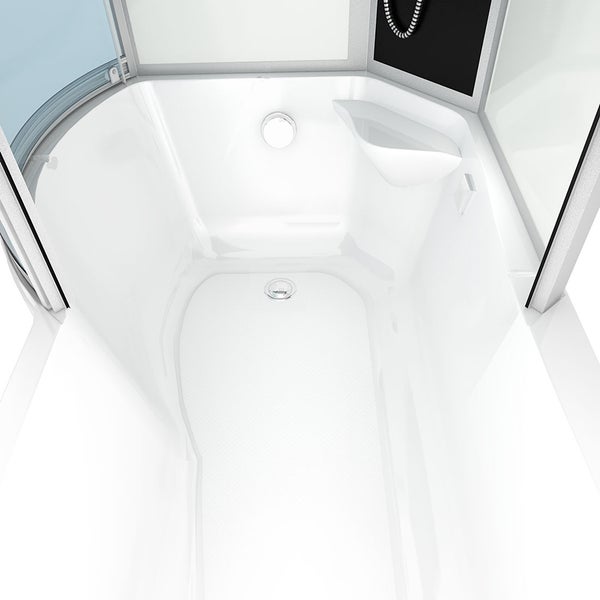 Komplett-Duschkabine mit gebogenen Glastüren, Regenduschkopf, Handbrause und Massagedüsen auf einem schwarzen Paneel.