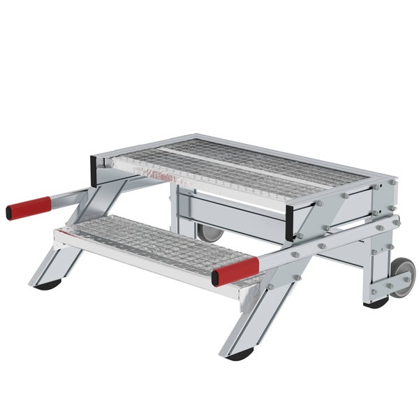 Zweistufige Arbeitsplattform aus Metall mit Gitterroststufen, roten Handgriffen und Rollen.