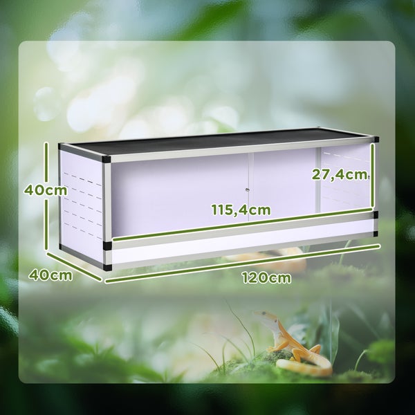 Aluminium Terrarium, Maße: 120 mal 40 mal 40 Zentimeter. Innenbreite 115,4 Zentimeter, Innenhöhe 27,4 Zentimeter.