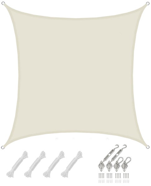 Quadratisches Sonnensegel inklusive Befestigungsset mit Seilen, Spannschrauben, Wandösen und Schrauben.