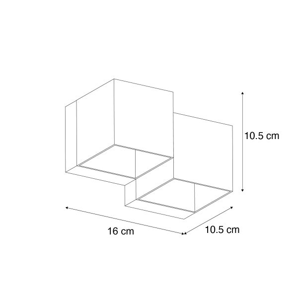Technische Zeichnung einer Wandleuchte mit den Maßen 16 cm Länge, 10,5 cm Höhe und 10,5 cm Tiefe.