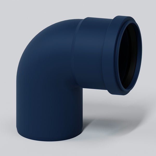 Rohrbogen 90 Grad aus blauem Kunststoff mit Dichtung für Abwasserrohre.