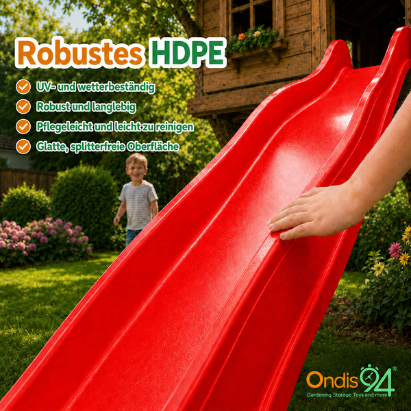 Rote Kinderrutsche aus robustem HDPE-Kunststoff in einem Garten mit Kind und Baumhaus. Ondis24 Logo.