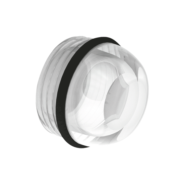 Transparente Lampenabdeckung aus Glas für Backöfen mit schwarzem Dichtungsring und Schraubgewinde.
