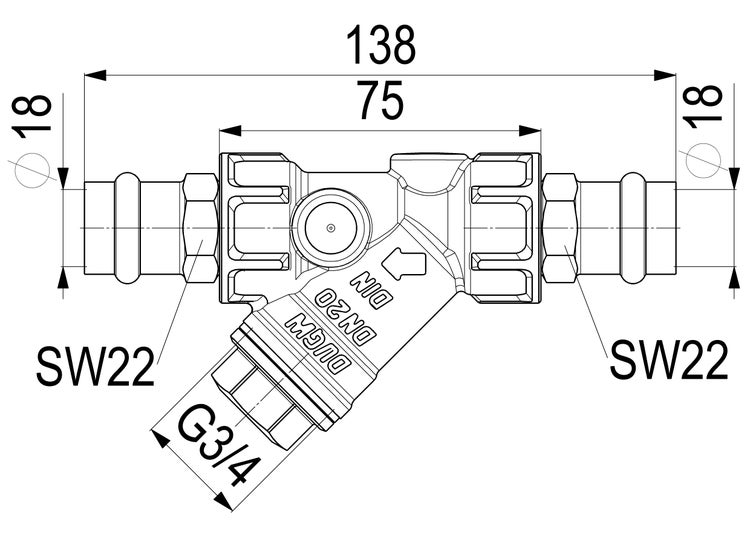 Maßzeichnung Schrägsitzventil, Pressanschlüsse, 138 Millimeter, 75 Millimeter, 18 Millimeter, Schlüsselweite 22, G drei Viertel Zoll Gewinde.