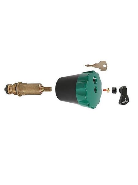 Abschließbares Ventiloberteil-Set mit grün-schwarzem Kunststoffgriff, Schlüssel und Messing-Spindel für Wasserarmaturen.