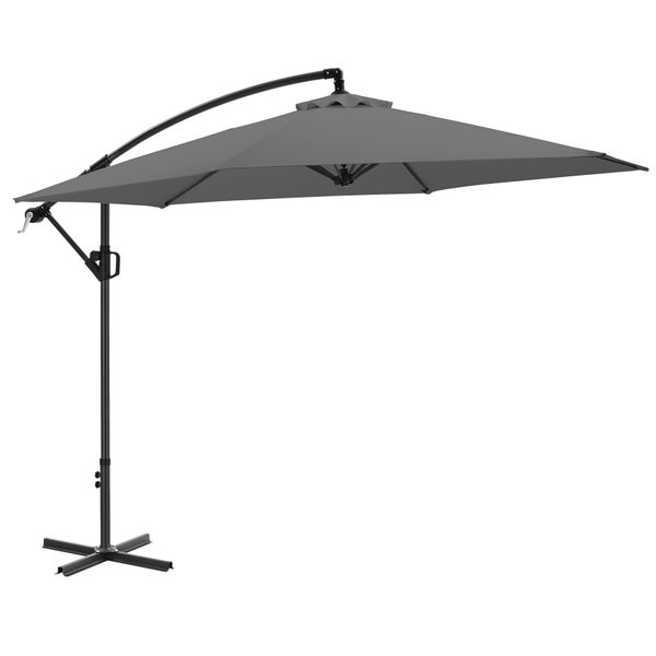 Ampelschirm mit quadratischem grauem Schirmtuch und schwarzem Metallgestell inklusive Standkreuz.