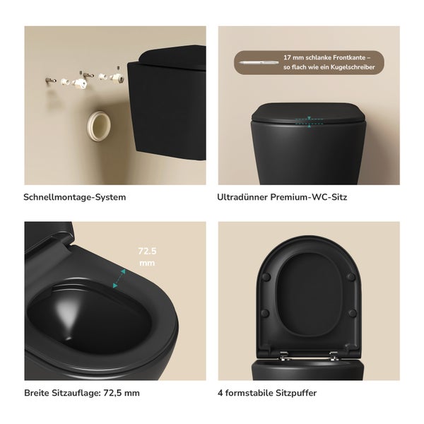 Schwarze Wand-Toilette mit Schnellmontage-System, 17 Millimeter flachem Sitz, 72,5 Millimeter breiter Sitzauflage und 4 stabilen Sitzpuffern.