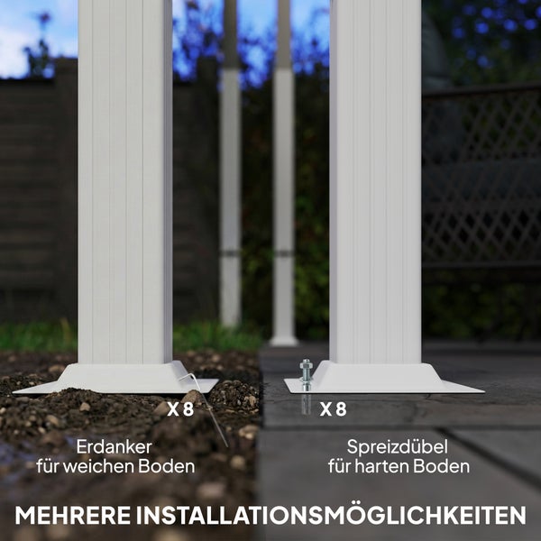 Mehrere Installationsmöglichkeiten für Pfosten mit 8 Erdankern für weichen Boden oder 8 Spreizdübeln für harten Boden.