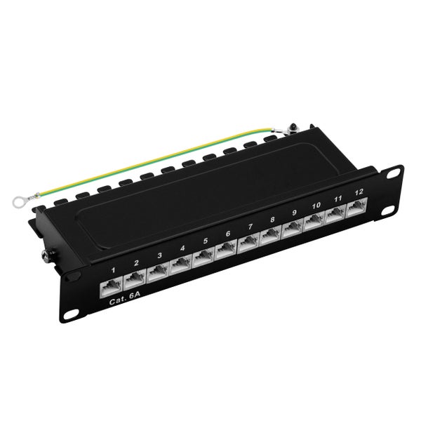 ProfiPatch Cat6a Patchpanel Patchfeld 10 Zoll 12 Port Verteilerfeld geschirmt RJ45 Rackeinbau geschirmt 1HE schwarz