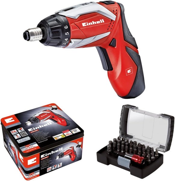 Roter Einhell Akku-Schrauber 3,6 Volt inklusive Bit-Set und Metall-Aufbewahrungsbox.