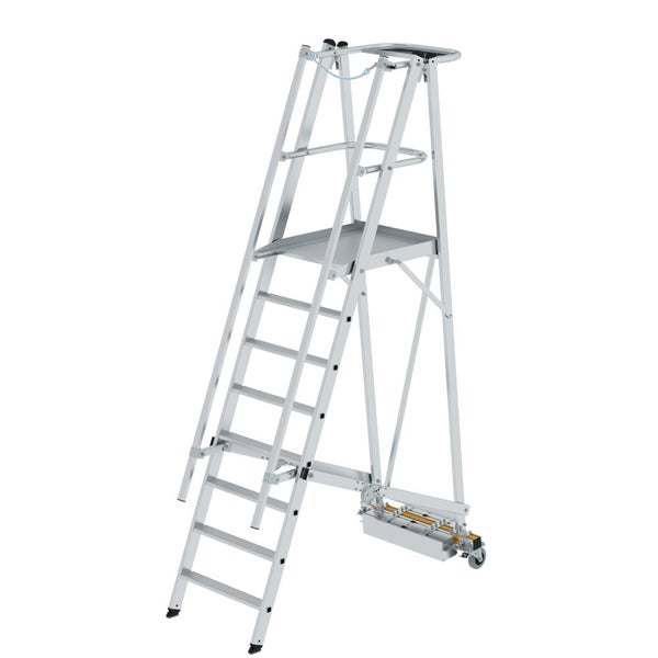 PROREGAL Plattformleiter Klappbar Mit Schmalem Fahrwerk 8 Stufen Inkl. Beidseitigem Handlauf Aluminium Nivello Leiterschuhe
