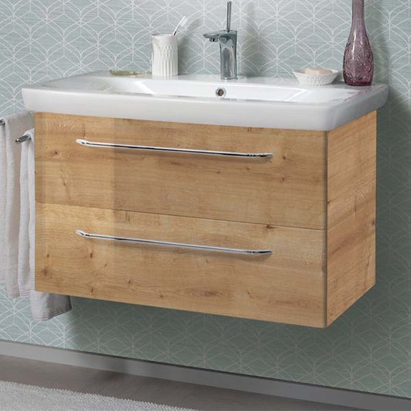 FACKELMANN MILANO Badmöbel Set 2 Teile – Waschtisch mit Unterschrank fürs Badezimmer – Waschbeckenunterschrank mit Schubladen in Holz braun – Badschrank hängend – 90 cm breit