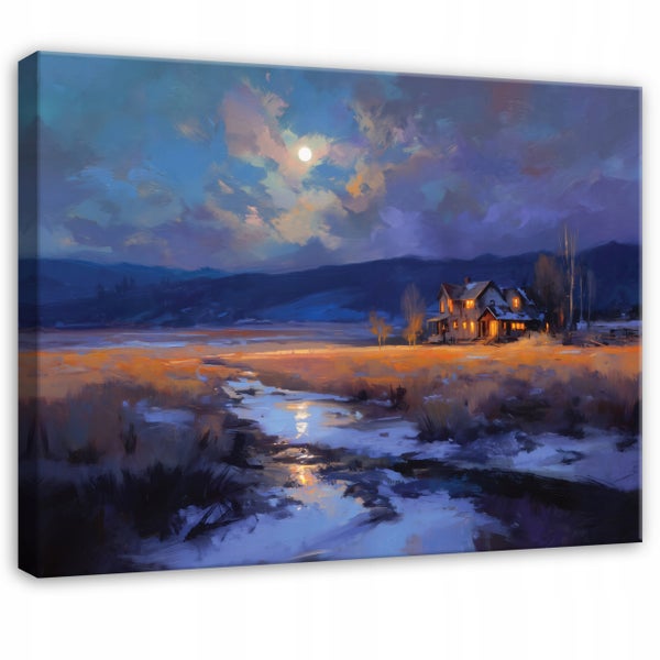 Gemälde einer Häuserlandschaft bei Nacht mit Gewässer auf Leinwand