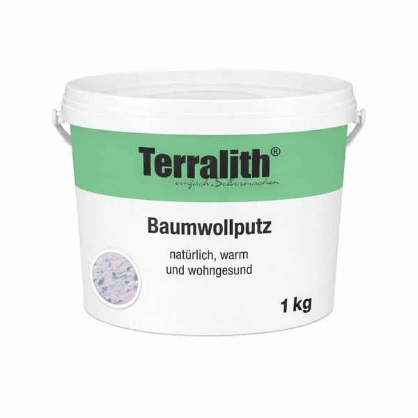 Terralith Baumwollputz im 1 Kilogramm Eimer für dekorative Wandgestaltungen.