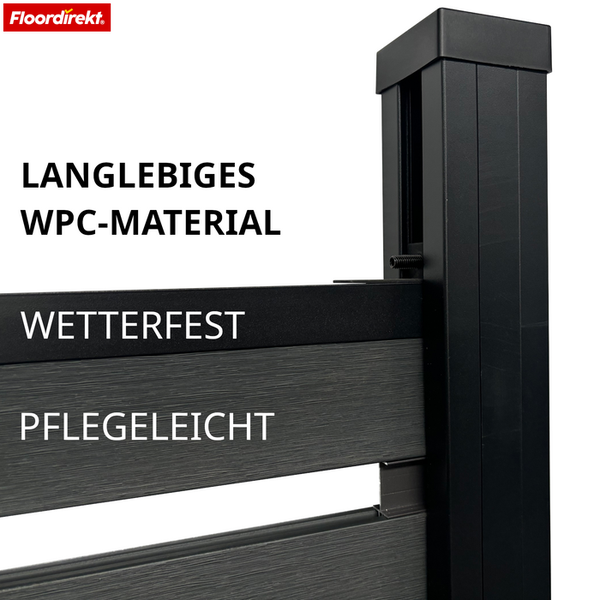 Detailansicht eines WPC-Zauns mit Pfosten und den Eigenschaften langlebig, wetterfest und pflegeleicht