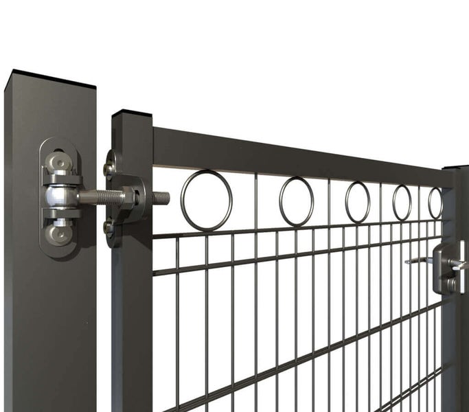 Zauntür ZAUNGURU BASIC-Linie Berlin Kreis aus Metall, Höhe: 163cm, Breite: 150cm, 1-flügelig inkl. Pfosten, Schloss und Zubehör, Feuerverzinkt und zusätzlich in RAL 7016 Anthrazitgrau pulverbeschichtet