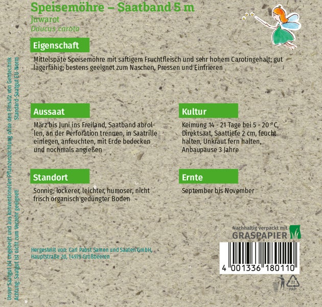 Rückseite der Saatgutpackung für Speisemöhre Juwarot, 5 Meter Saatband, mit Hinweisen zu Aussaat, Kultur und Ernte auf nachhaltigem Graspapier.