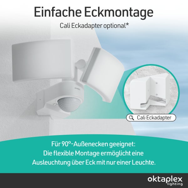 Abbildung einer Außenleuchte mit optionalem Cali Eckadapter zur einfachen Eckmontage