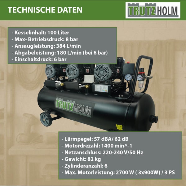 Trutzholm Kompressor mit 100 Liter Kesselinhalt und 2700 Watt Motorleistung, technische Daten und Trutzholm Logo.