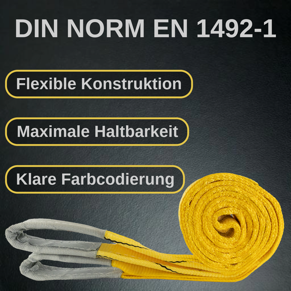 Hebegurt nach DIN NORM EN 1492-1 mit flexibler Konstruktion, maximaler Haltbarkeit und klarer Farbcodierung.