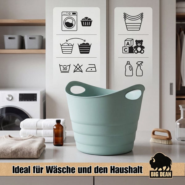 Kunststoff Wäschekorb in modernem Wohnumfeld mit Symbolen zur Anwendung und Big Dean Logo