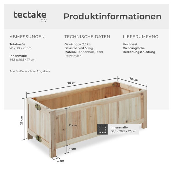 Tectake Logo und Infografik zu den Abmessungen eines Hochbeets aus Tannenholz mit Stahl und Polyethylen bei einer Belastbarkeit von 50 Kilogramm.
