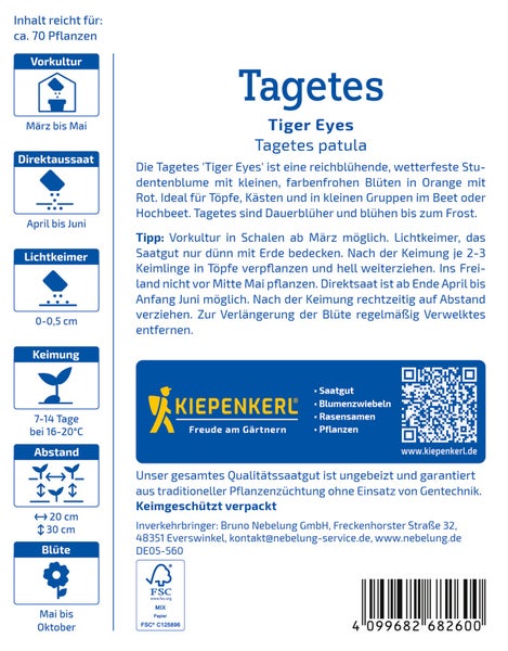 Saatguttüte Tagetes Tiger Eyes von Kiepenkerl mit Anbauhinweisen und Produktinformationen für circa 70 Pflanzen.