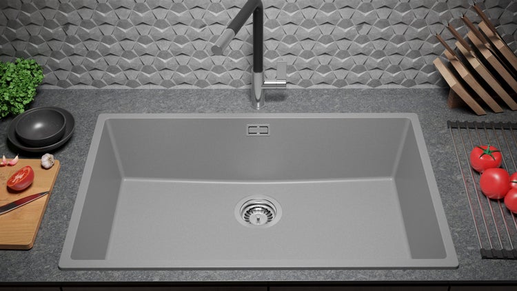 PRIMAGRAN Spülbecken Grau 76x47cm, Granitspüle 1 Becken + Ablauf-Set, Küchenspüle ab 80er Unterschrank - London Slim