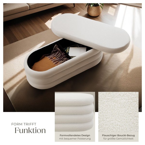 Ovaler Pouf mit Stauraum und Bouclé Bezug im Wohnzimmer