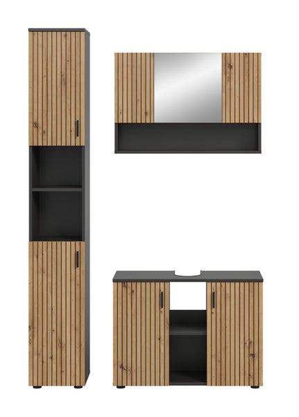 Badezimmermöbel-Set in Eichenoptik mit Lamellenfronten und anthrazitfarbenen Details, bestehend aus Hochschrank, Spiegelschrank und Waschbeckenunterschrank.