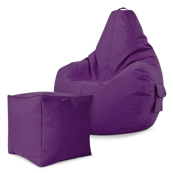 Green Bean 2er Set Sitzsack + Hocker - fertig befüllt - robust waschbar schmutzabweisend - Kinder & Erwachsene Bean Bag Bodenkissen Lounge Sitzhocker Relax-Sessel Gamer Gamingstuhl Pouf - Violett