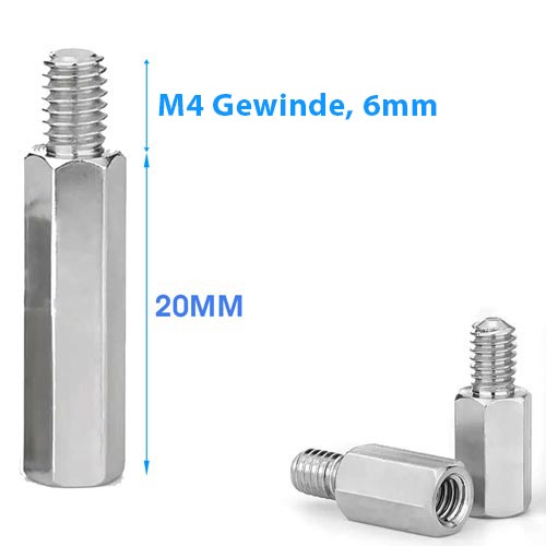 Sechskant-Abstandsbolzen mit M4 Gewinde, 20 Millimeter Körperlänge und 6 Millimeter Gewindelänge.