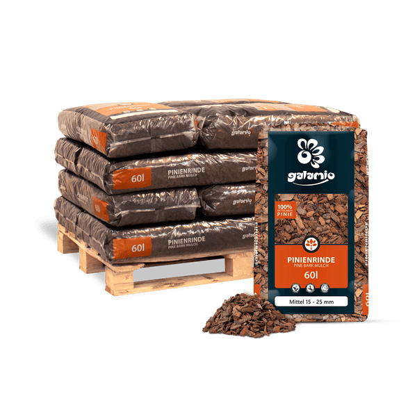 Galamio Pinienrinde 60 Liter auf Palette, Körnung 15 bis 25 Millimeter, 100 Prozent Mittelmeer-Pinie zur Garten- und Beetgestaltung.