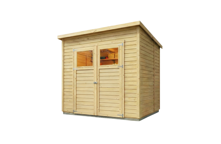Gartenhaus aus Holz mit Pultdach und Doppeltür mit zwei Fenstern.