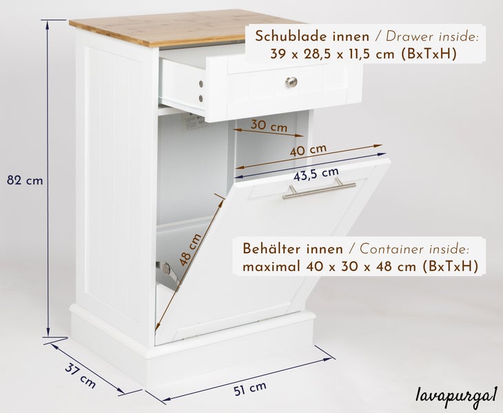 WONDERMAKE - Wäscheschrank hoch oder Mülleimer-Schrank aus Holz / Bambus, Wäschesammler Hochschrank für Badezimmer oder Küche ausklappbar mit Schublade, weiß