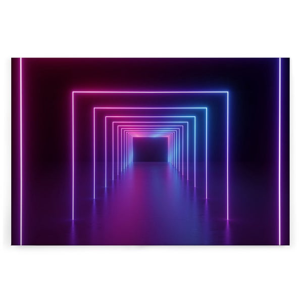 Wandbild mit einem perspektivischen Tunnel aus leuchtenden Neonrahmen in abstraktem Design für ein modernes Ambiente.