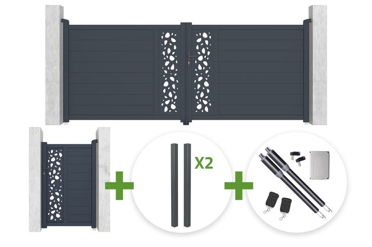 Set bestehend aus einem zweiflügeligen Einfahrtstor mit Dekormuster, einem Einzeltor, zwei Pfosten und einem elektrischen Torantrieb mit Zubehör.