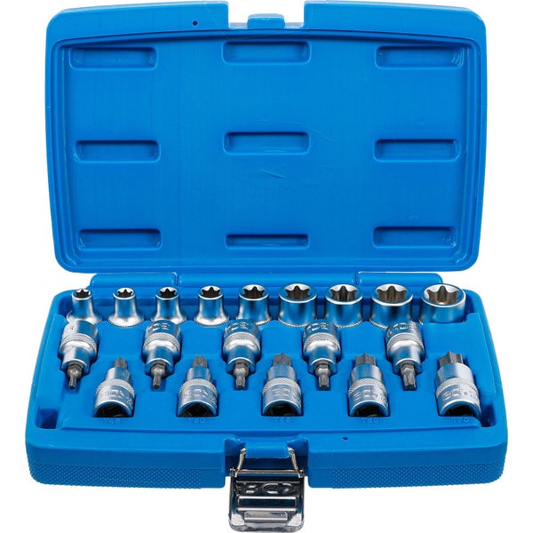 Steckschlüssel-Satz in geöffnetem, blauem Kunststoffkoffer