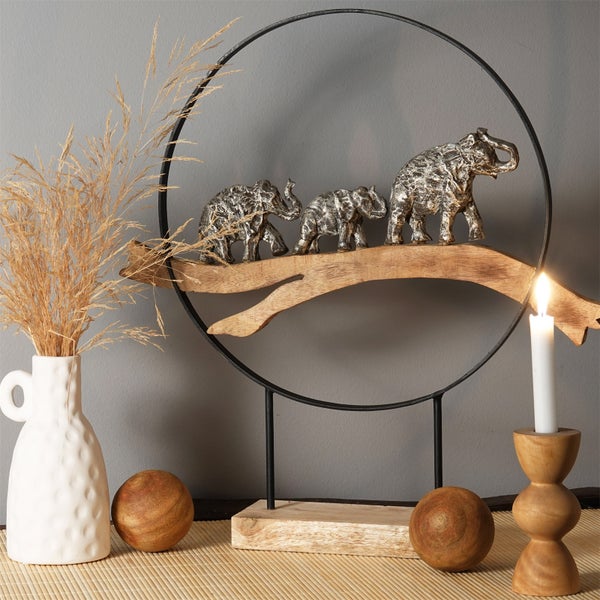 Skulptur Große Elefanten Mangoholz, Aluminium silber-natur