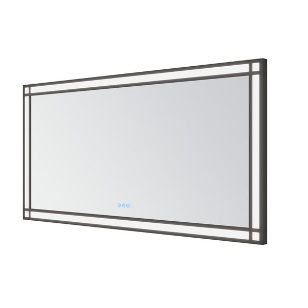 Rechteckiger Badezimmerspiegel mit LED Beleuchtung und Rahmen in dunkler Optik sowie Touch Steuerung