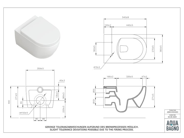 Aqua Bagno Design Hänge-WC ABWCSR003BIG – Spülrandlos – Markenkeramik – Softclose-Sitz