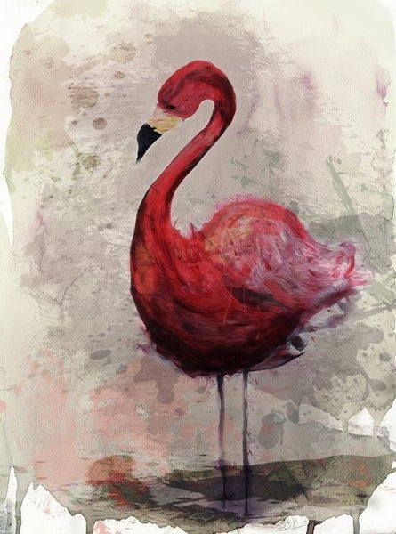Wandbild mit Flamingo-Motiv in künstlerischem Malstil.