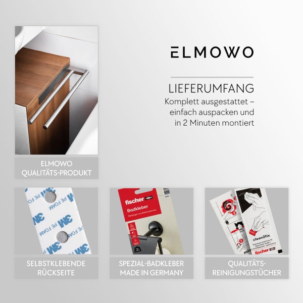 Produktübersicht von ELMOWO Badaccessoires inklusive Fischer Badkleber und Reinigungstüchern für eine einfache Montage im Badezimmer.
