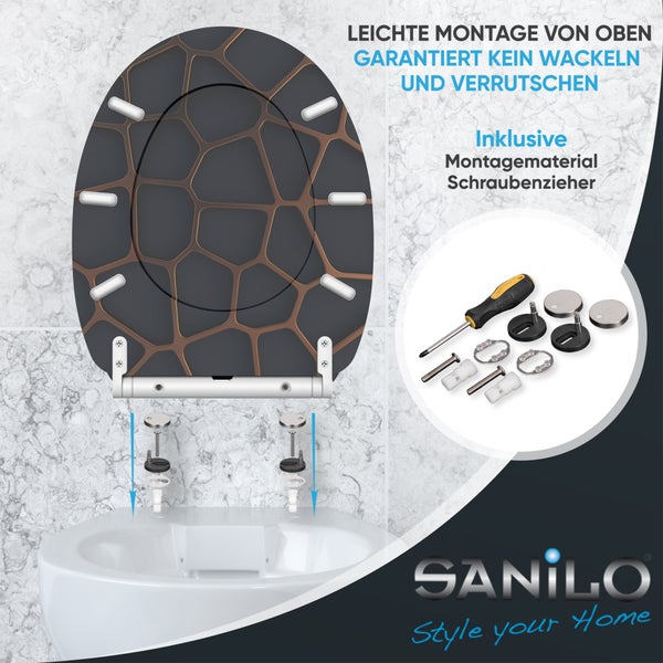 Sanilo Toilettensitz mit dunklem Muster, Montage von oben. Inklusive Montageset mit Schraubendreher und Befestigungsmaterial. Sanilo Logo.